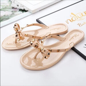 Studded Jelly Thong Sandals Nude Gold Flat Summer Shoes NWT